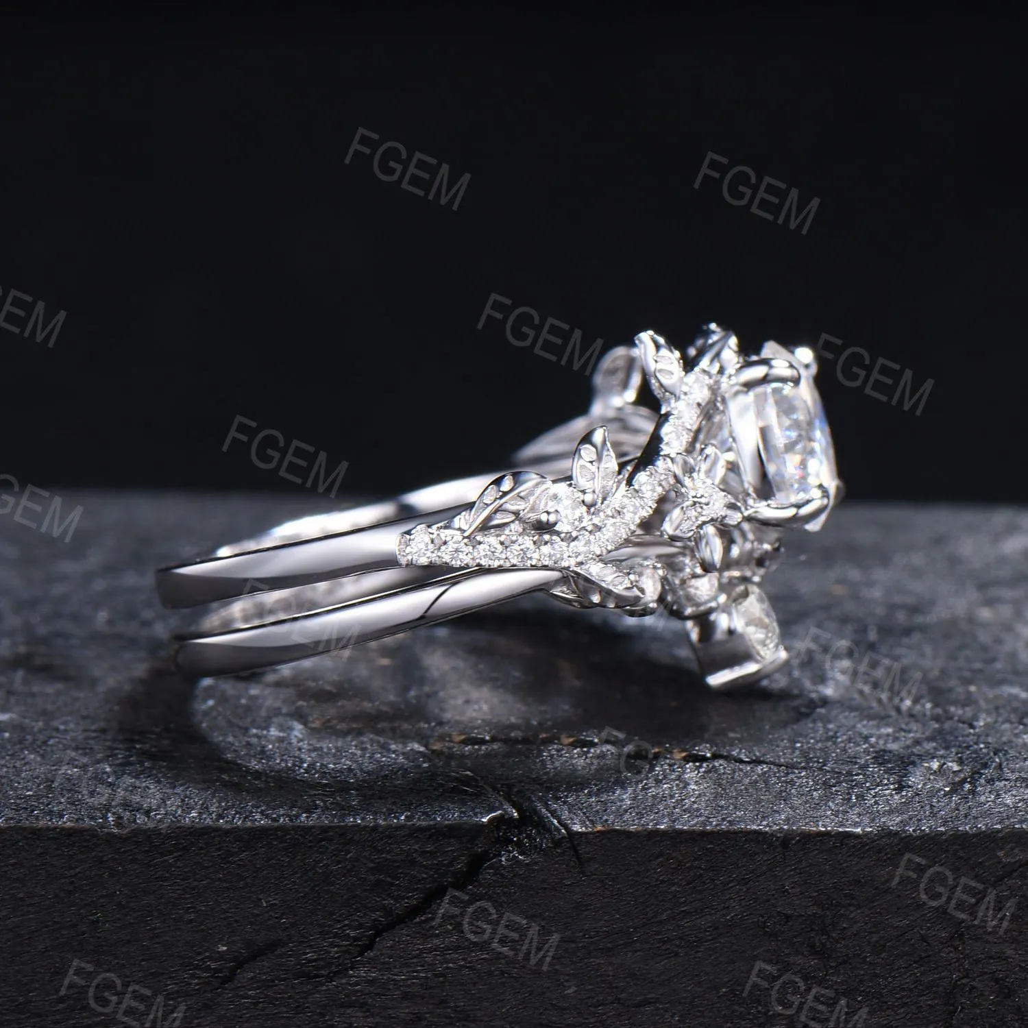 Floral Round Moissanite Ring Set Nature Inspired Leaf Band Moissanite Ring Branch Vine Bridal Set Unique Marquise Moissanite Ring Women Gift