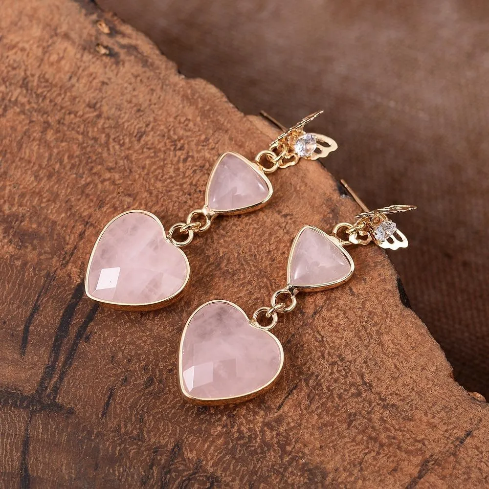 Garden Butterfly Heart Rose Quartz Drop Earrings