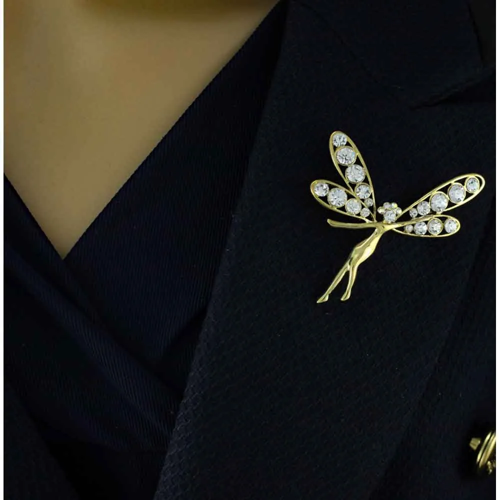 Gold and Crystal Fairy with Large Wings Brooch Pin - PRF271