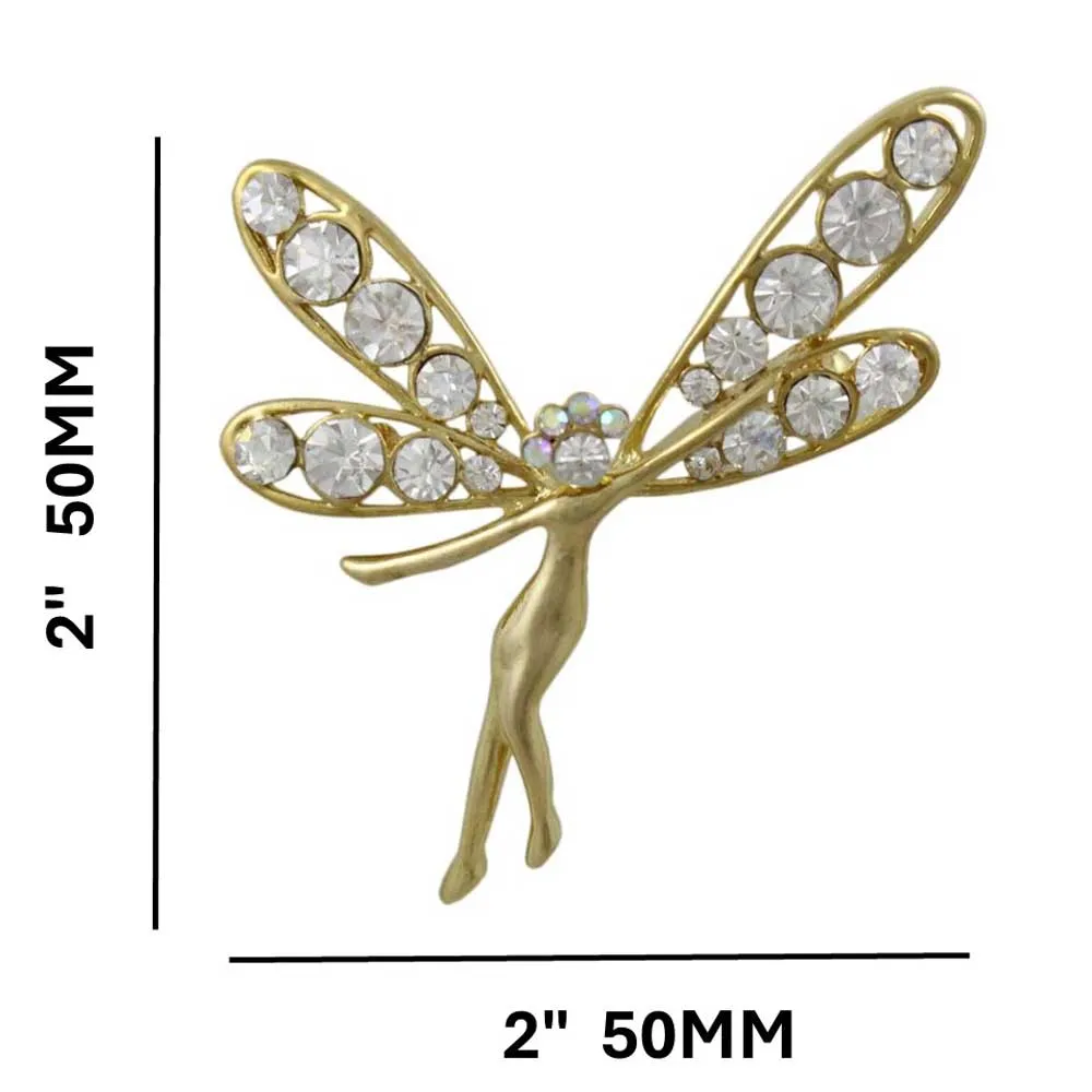 Gold and Crystal Fairy with Large Wings Brooch Pin - PRF271