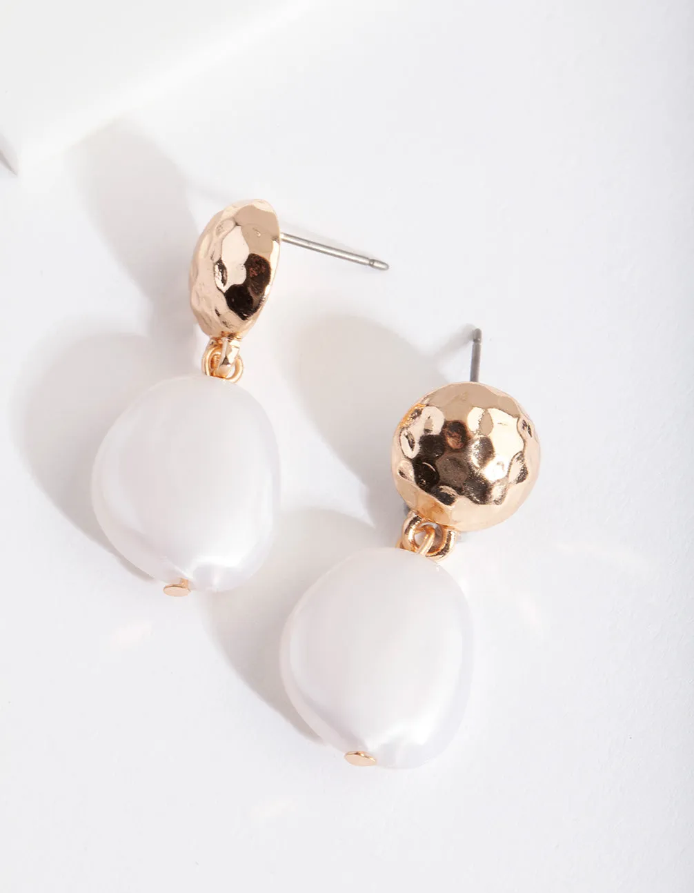 Gold Beaten Disc Pearly Drop Earrings
