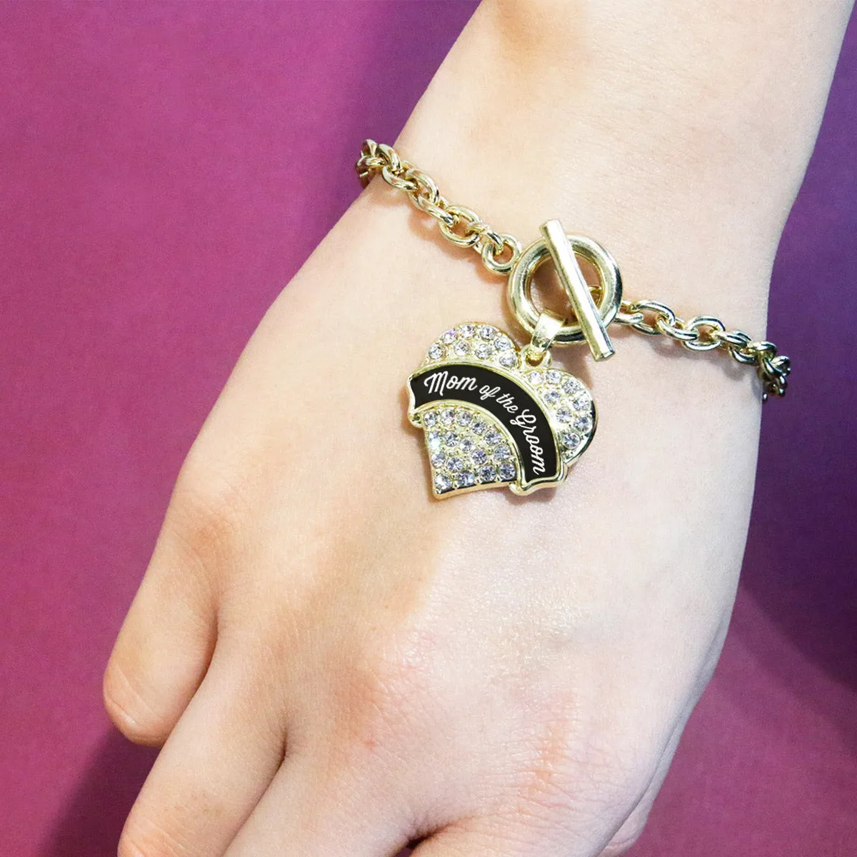 Gold Black and White Mom of the Groom Pave Heart Charm Toggle Bracelet