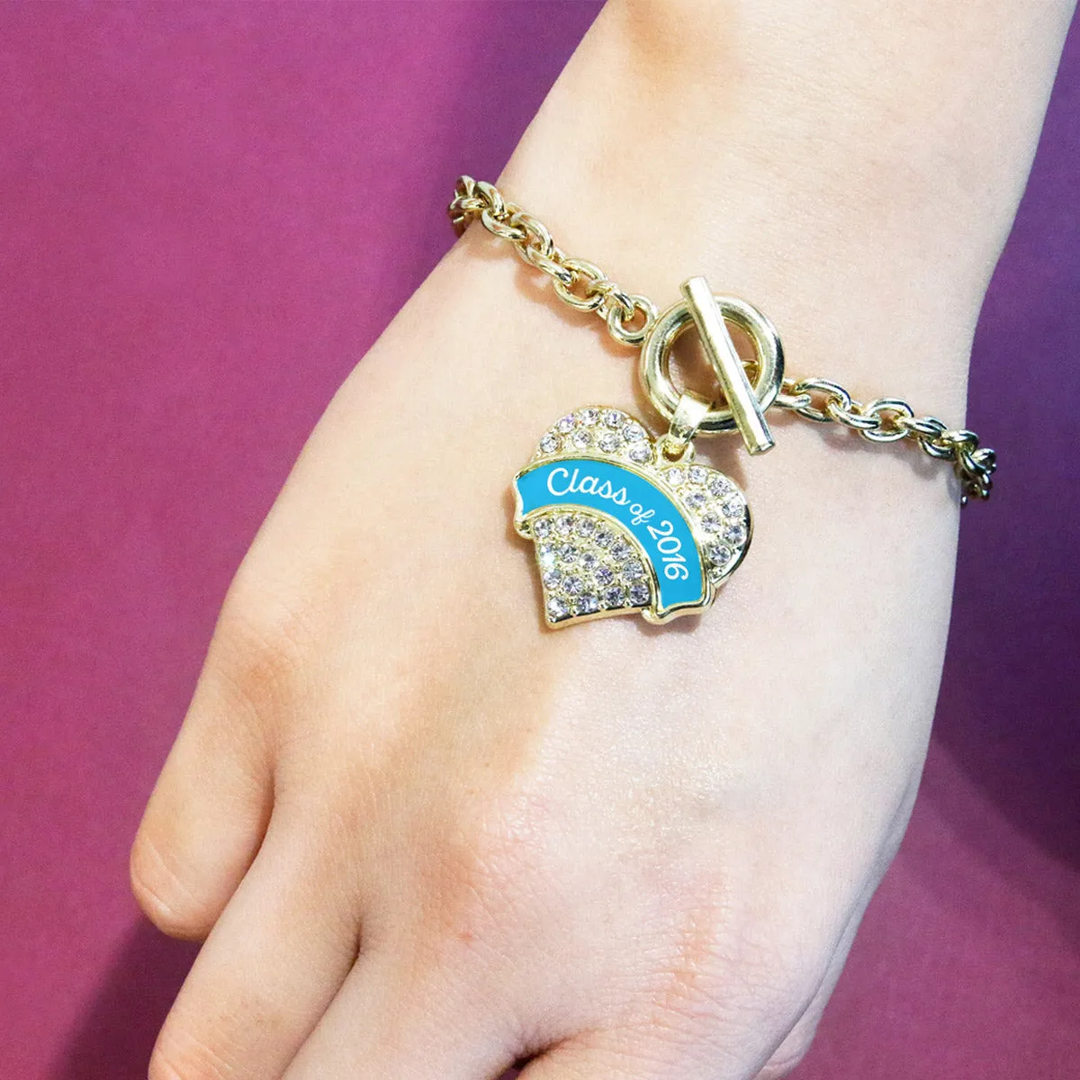Gold Blue Class of 2016 Pave Heart Charm Toggle Bracelet