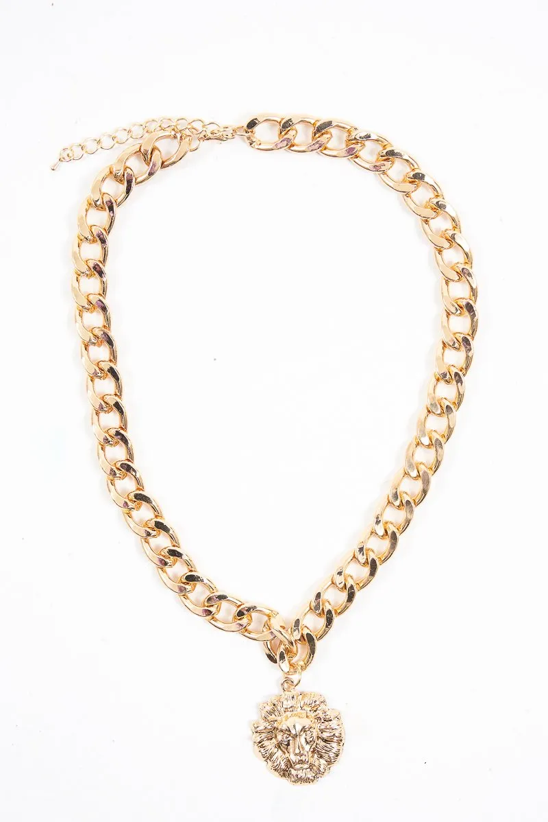 Gold Chunky Chain Lion Pendant Necklace - Jeslie