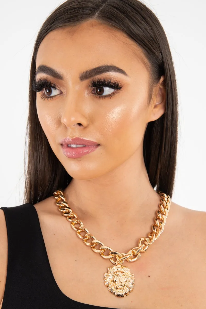 Gold Chunky Chain Lion Pendant Necklace - Jeslie