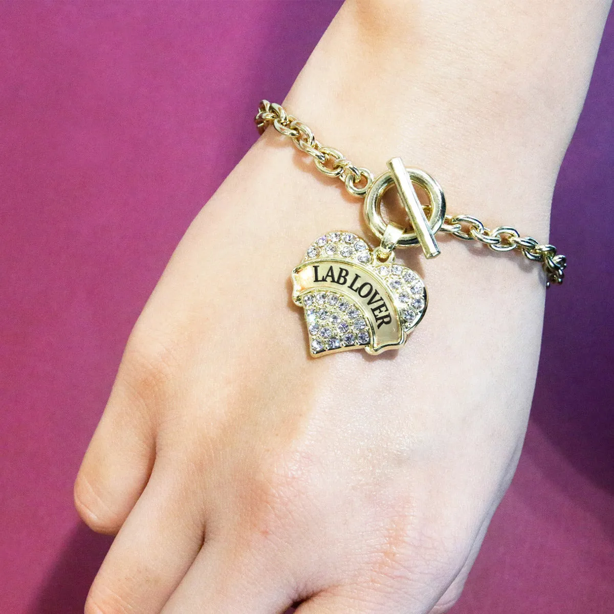 Gold Lab Lover Pave Heart Charm Toggle Bracelet