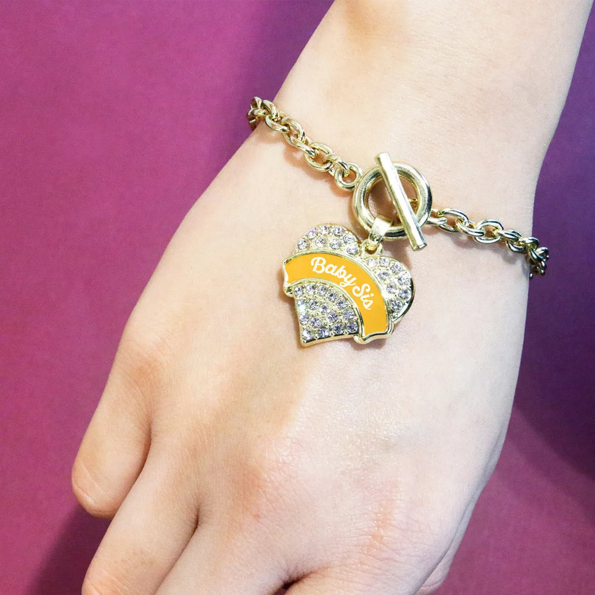 Gold Marigold Baby Sister Pave Heart Charm Toggle Bracelet