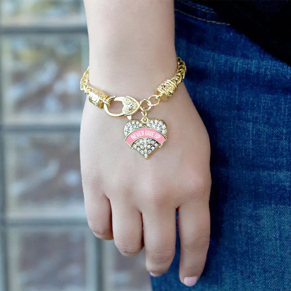 Gold Never Give Up Pink Breast Cancer Support Pave Heart Charm Braided Bracelet
