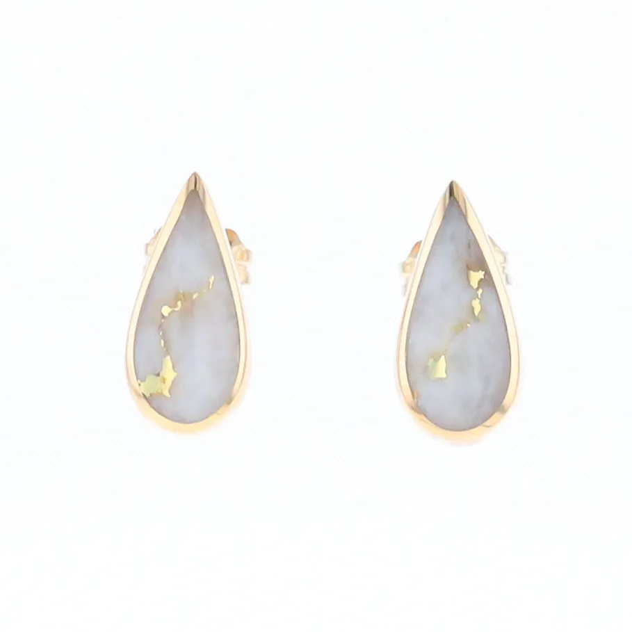 Gold Quartz Earrings Tear Drop Inlaid Studs