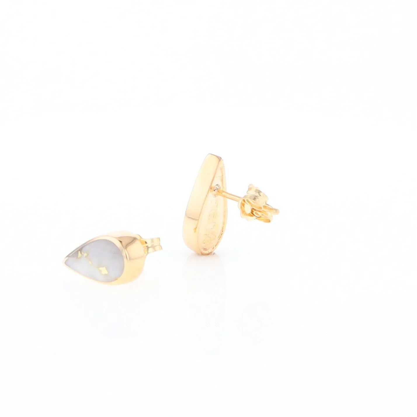 Gold Quartz Earrings Tear Drop Inlaid Studs