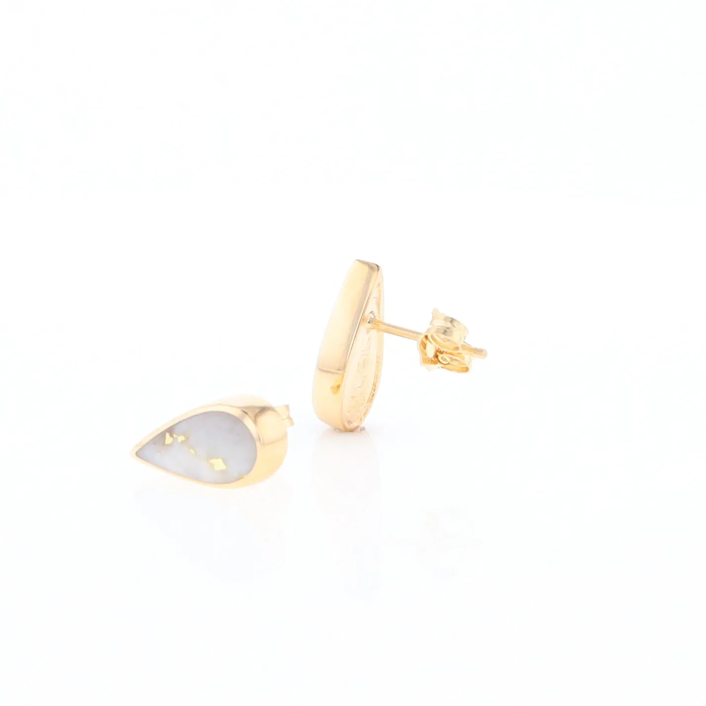 Gold Quartz Earrings Tear Drop Inlaid Studs