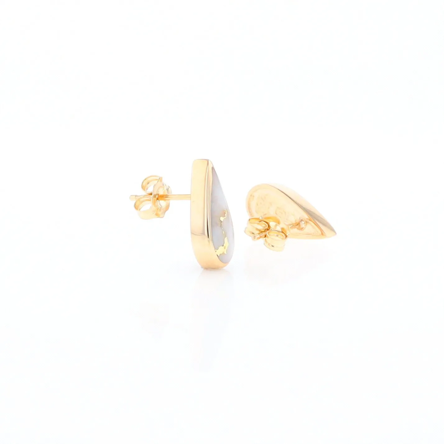 Gold Quartz Earrings Tear Drop Inlaid Studs