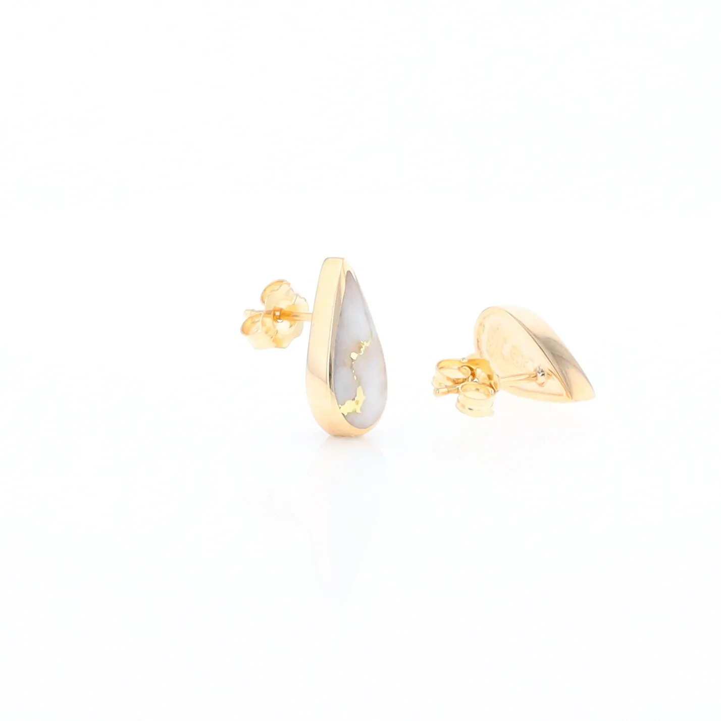 Gold Quartz Earrings Tear Drop Inlaid Studs