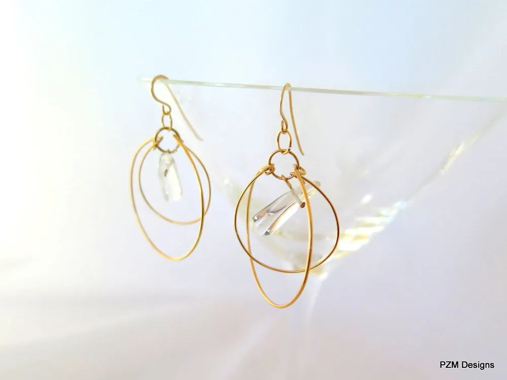 Gold Quartz Point Hoop Earrings, Gift for Her