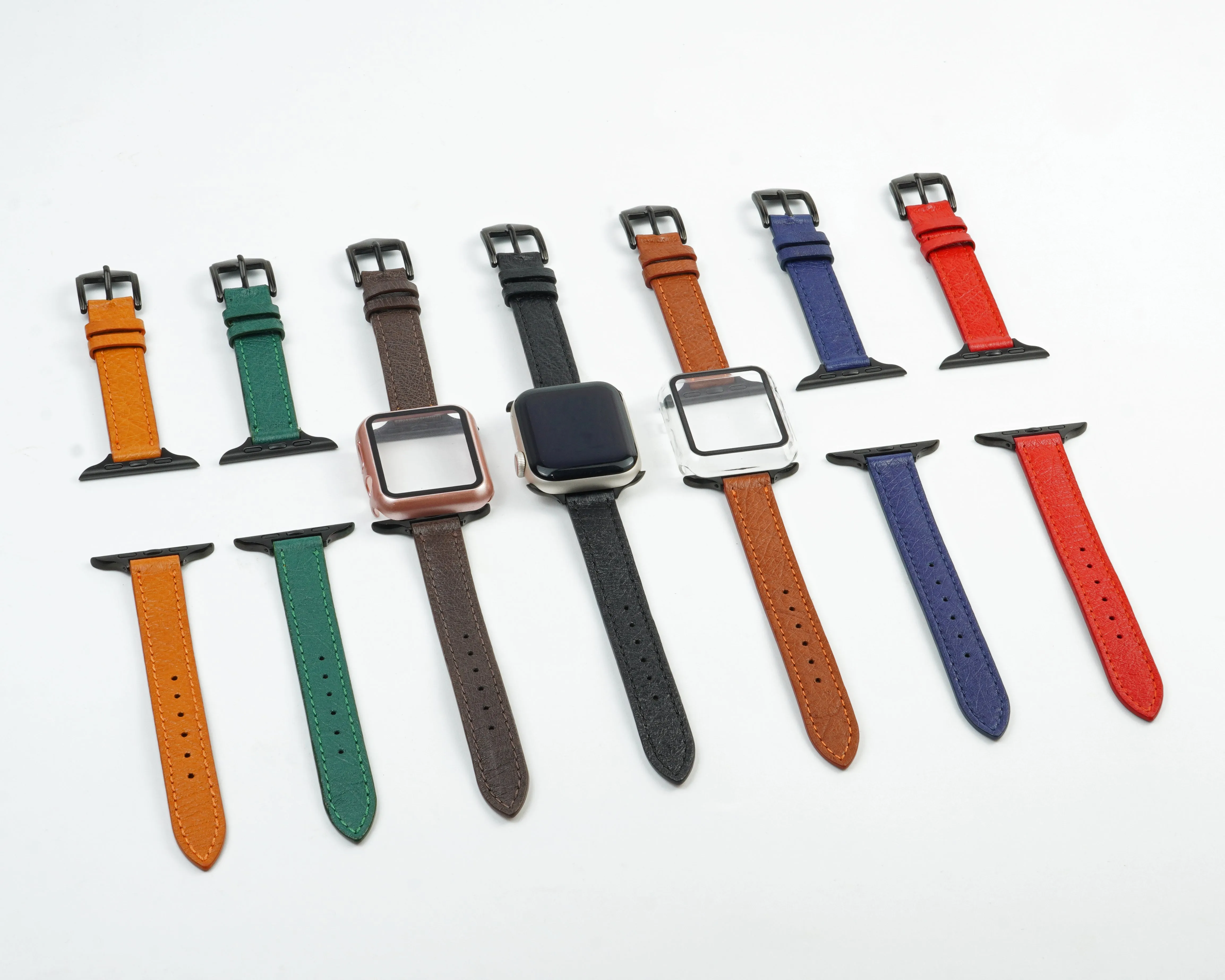 Green Flat Ostrich Leather Band Compatible Apple Watch Iwatch 38mm Screen Protector Case Black Adapter Replacement Strap For Smartwatch Series 1 2 3 Leather Handmade AW-188B-W-38MM