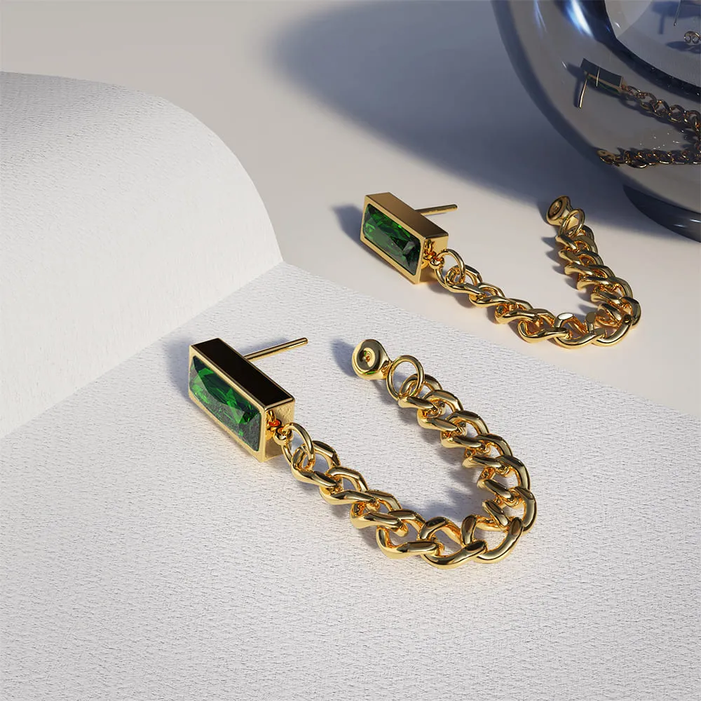Green Zirconia Dangly Stud Earrings - 35mm
