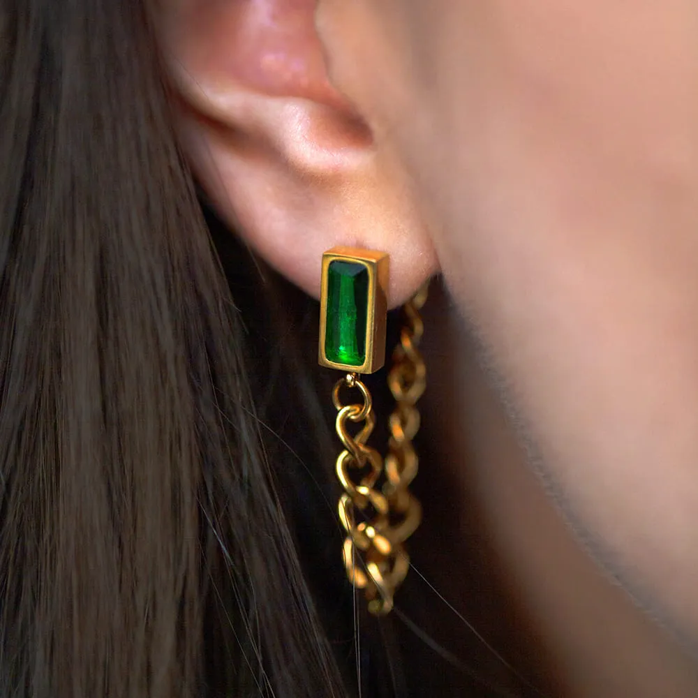 Green Zirconia Dangly Stud Earrings - 35mm
