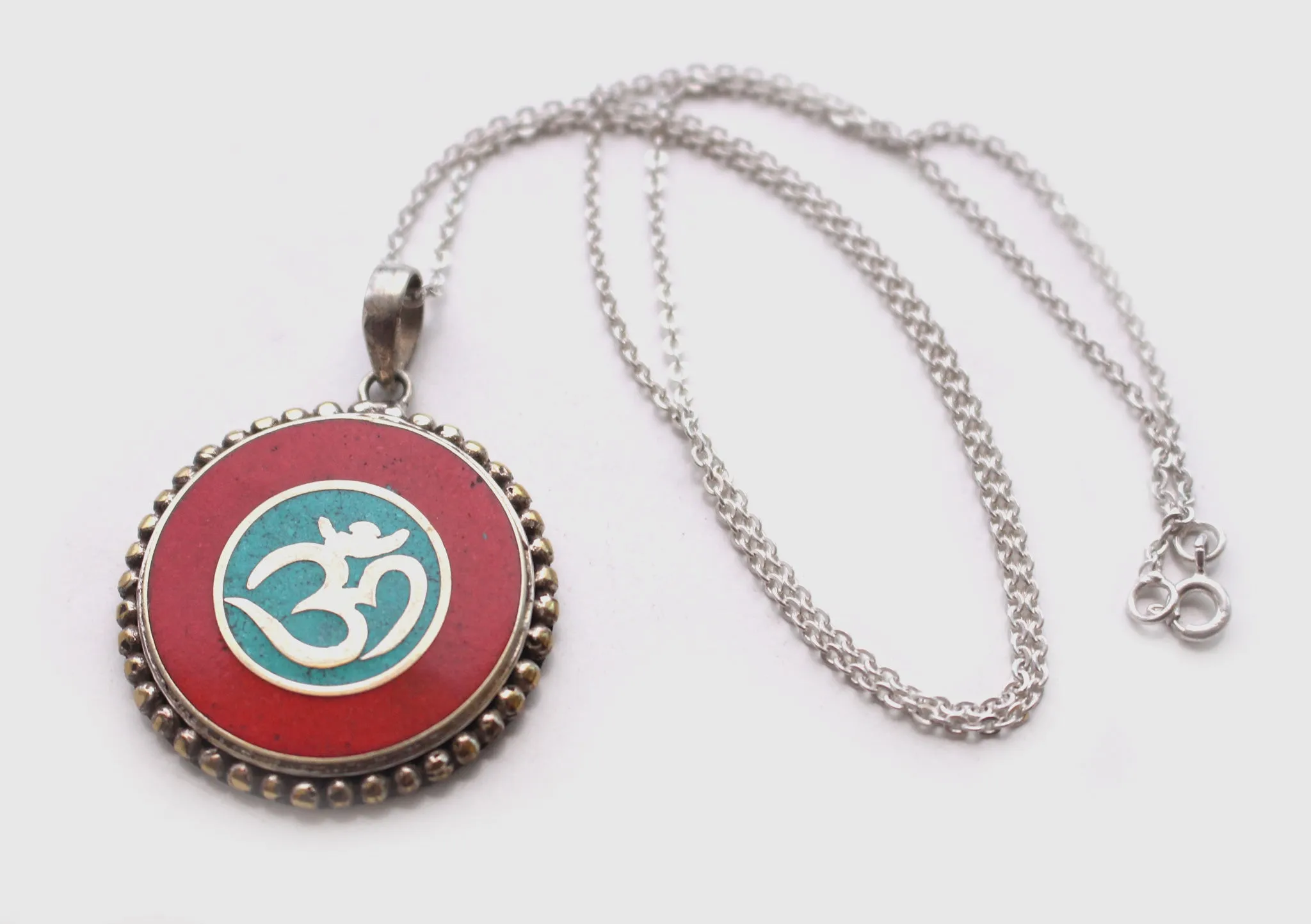 Hindu Om and Kalachakra White Metal Tibetan Pendant