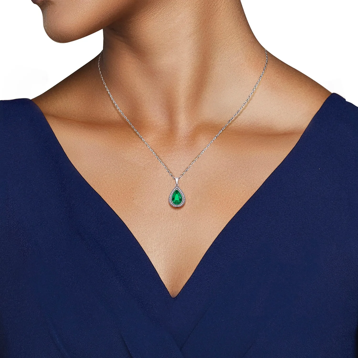 Jewelili Sterling Silver With Created Emerald, Natural Emerald and White Topaz Teardrop Pendant Necklace