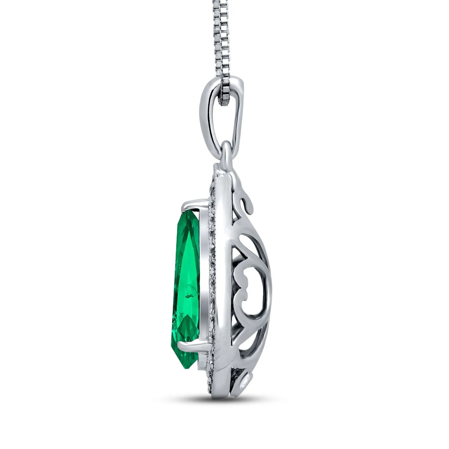 Jewelili Sterling Silver With Created Emerald, Natural Emerald and White Topaz Teardrop Pendant Necklace
