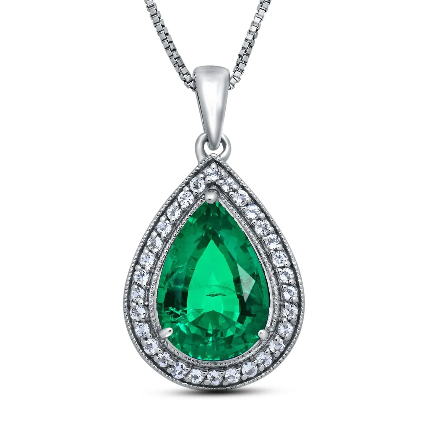 Jewelili Sterling Silver With Created Emerald, Natural Emerald and White Topaz Teardrop Pendant Necklace