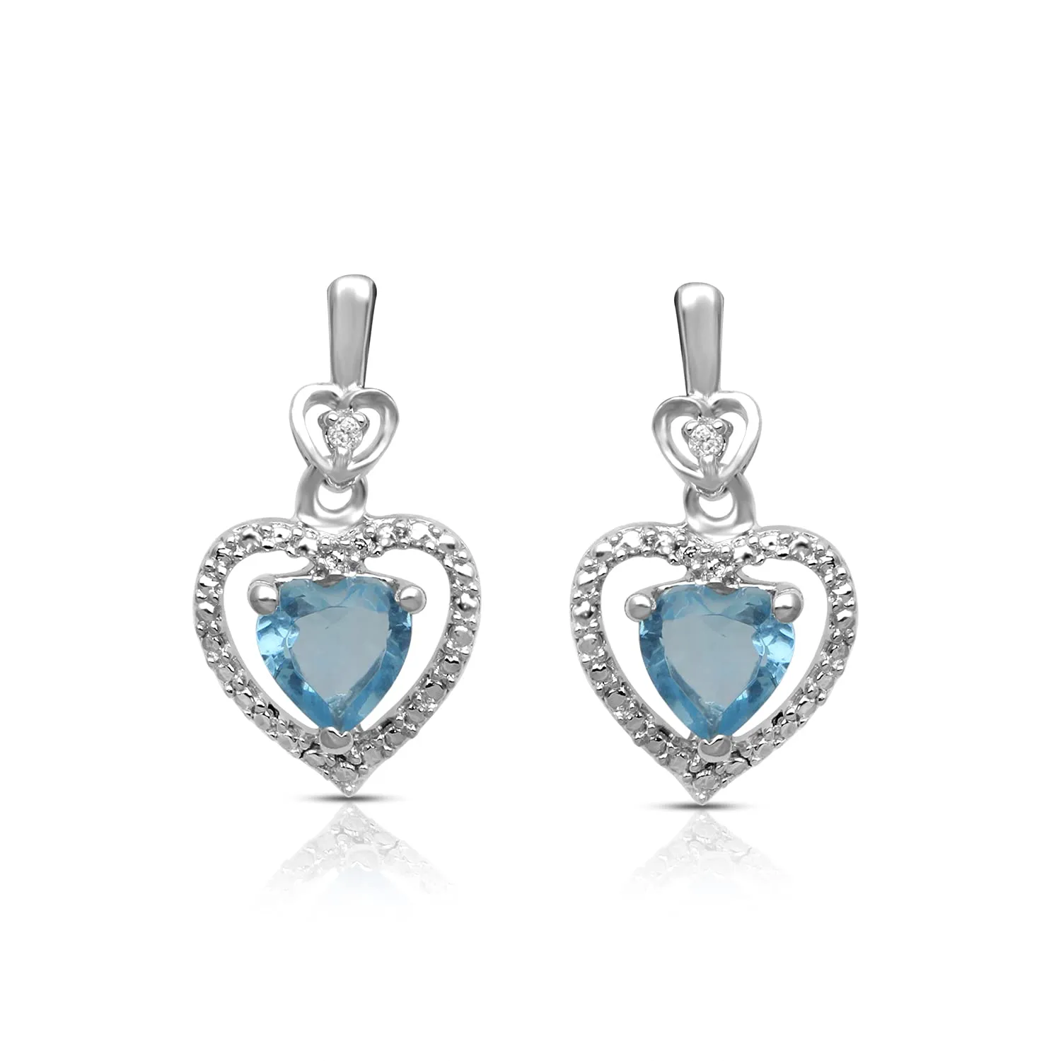 Jewelili Sterling Silver With Heart Swiss Blue Topaz and Round Cubic Zirconia Ring, Earrings and Pendant Necklace Jewelry Set