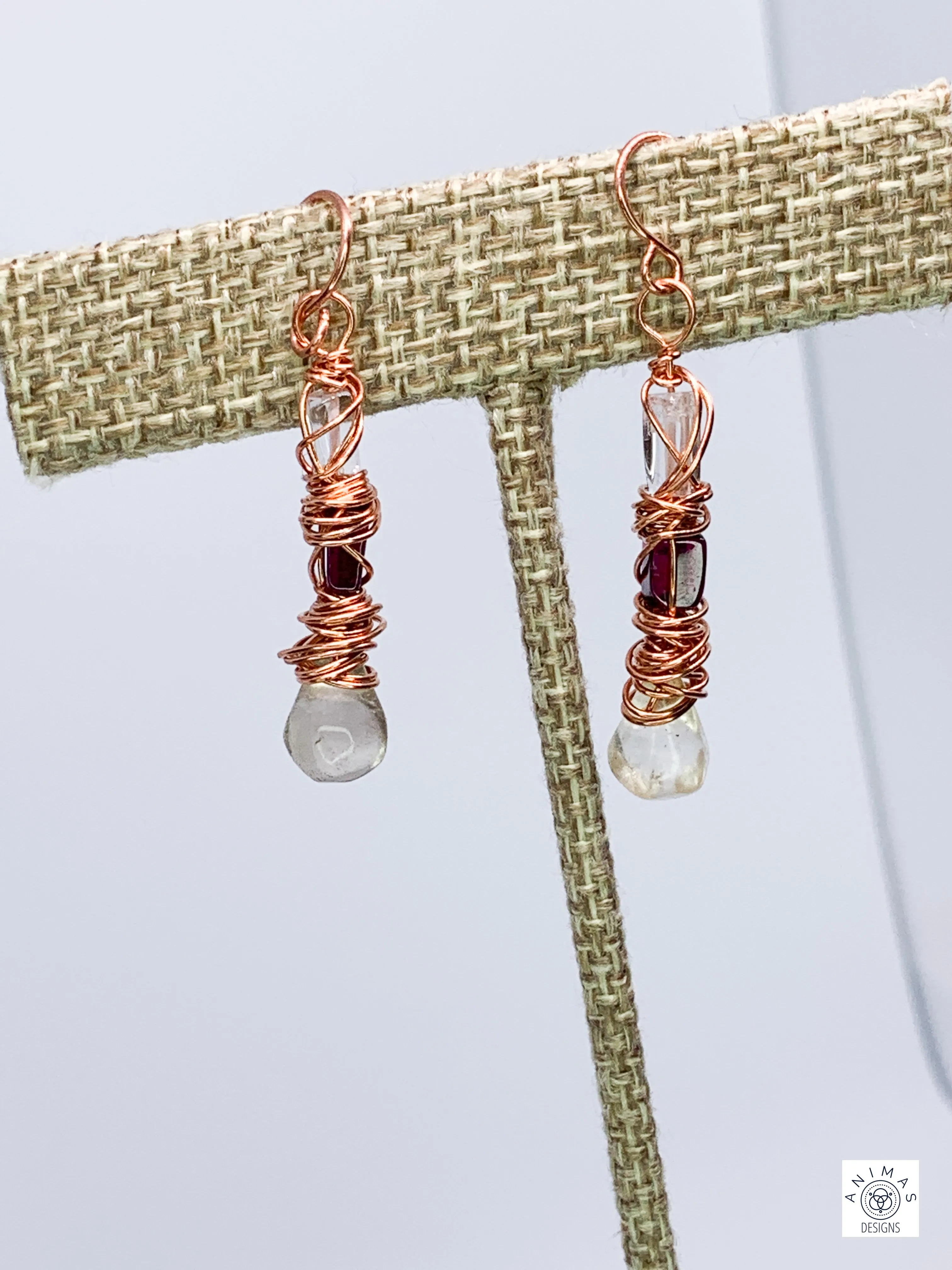 Lemon Quartz and Garnet Copper Earrings