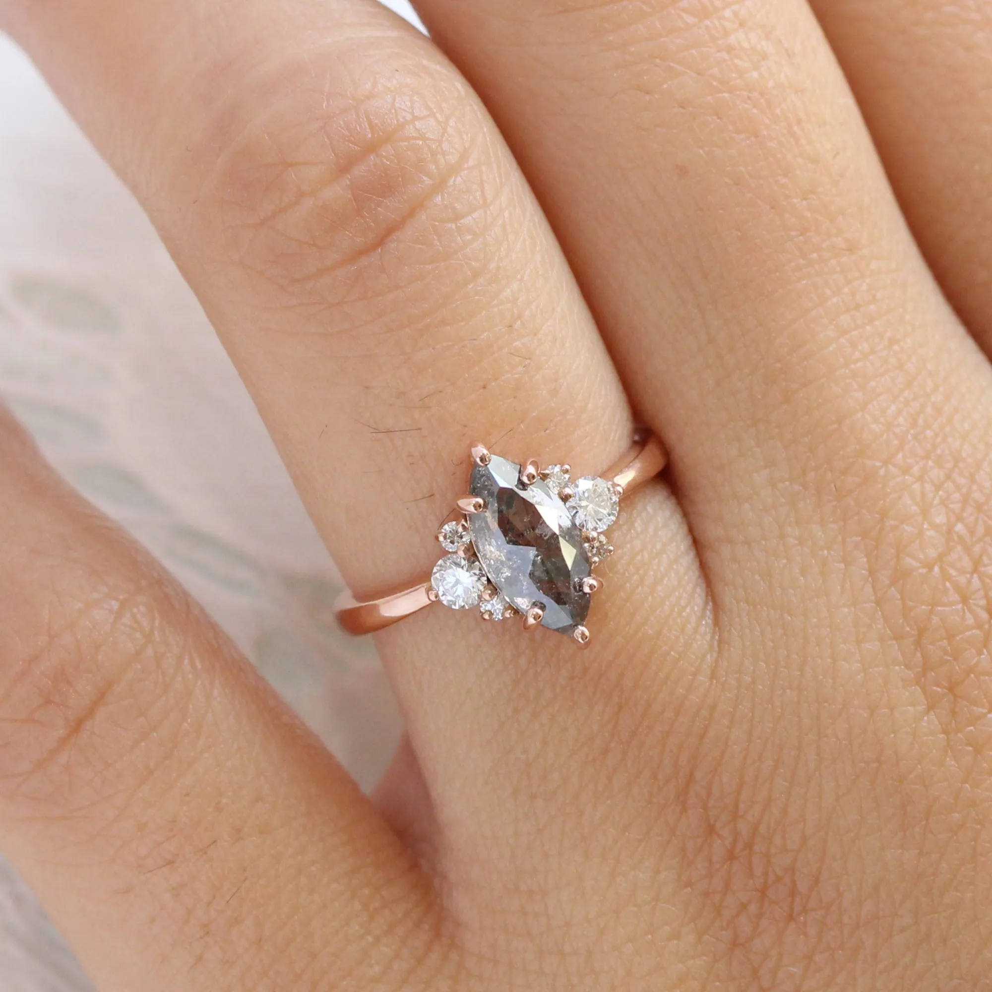 Marquise Salt and Pepper Diamond Ring in 14k Rose Gold 3 Stone Ring, Size 6.25