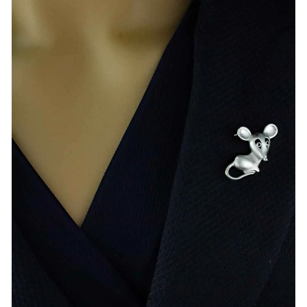 Matte Silver-tone Mouse with Black Eyes Brooch Pin - PRA015A