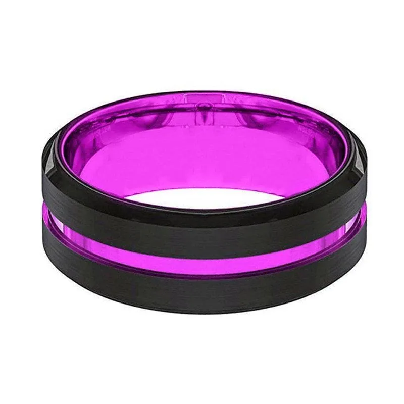 Men's Passionate Purple Groove Beveled Black Tungsten Carbide Wedding Ring - 8mm