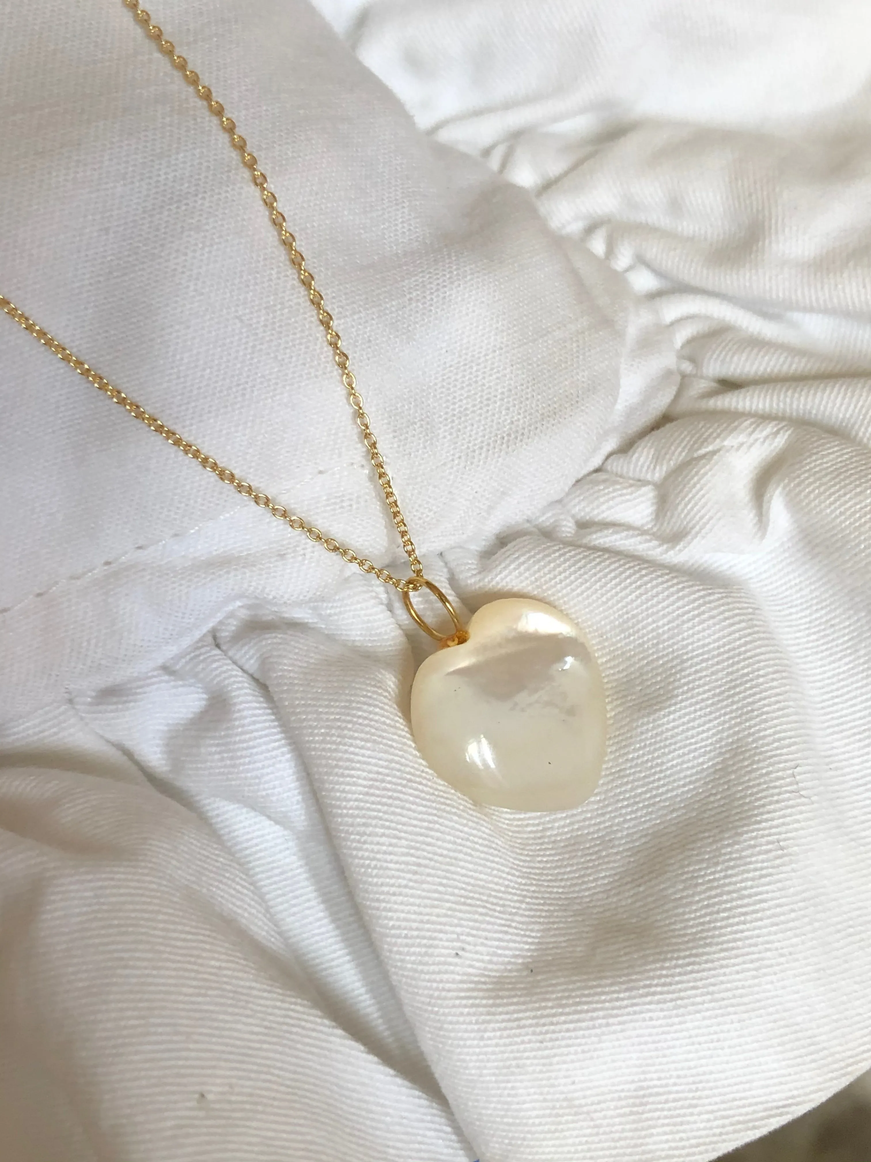 Mother of Pearl Heart Pendant Necklace, Solid Gold