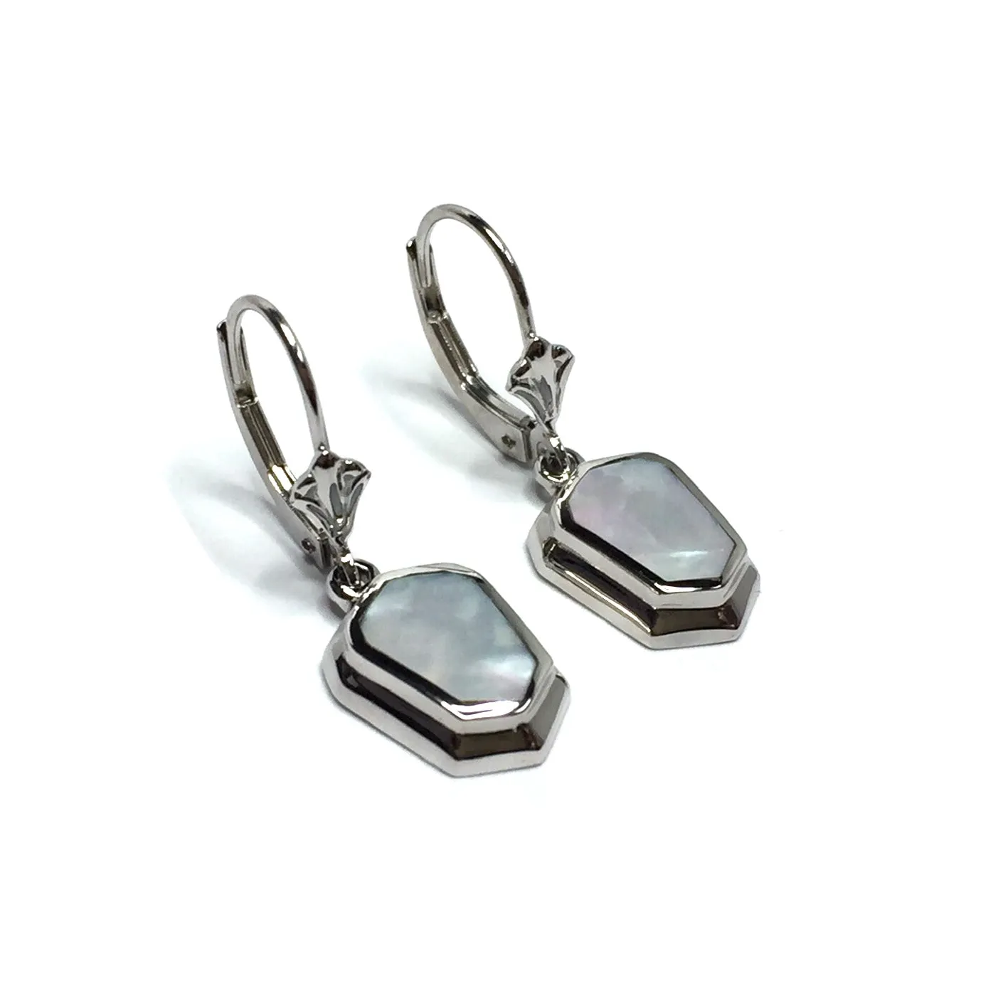 Mother Of Pearl Inlaid Shield Design Lever Back Earrings
