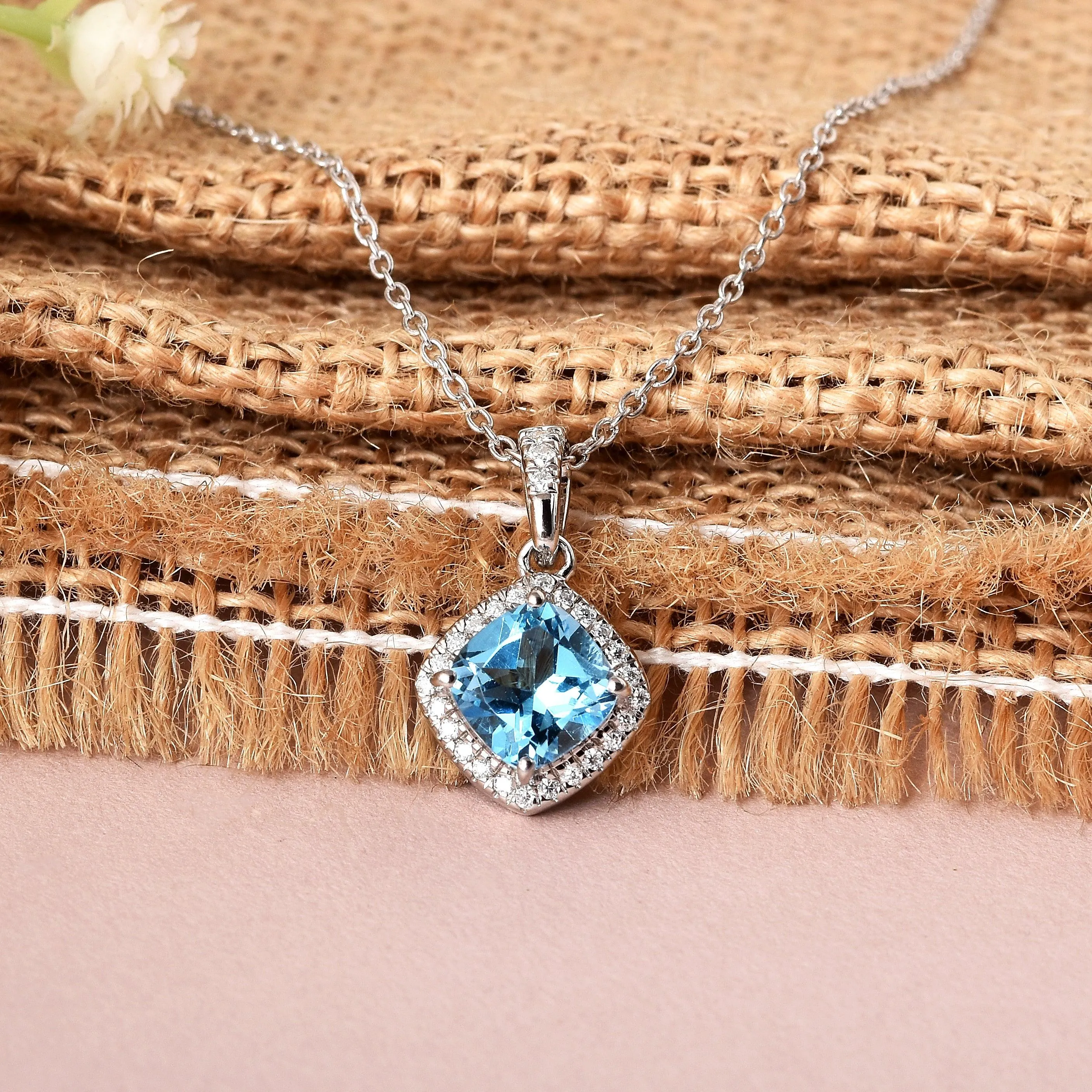 Natural Blue Topaz Cushion Pendant Necklace