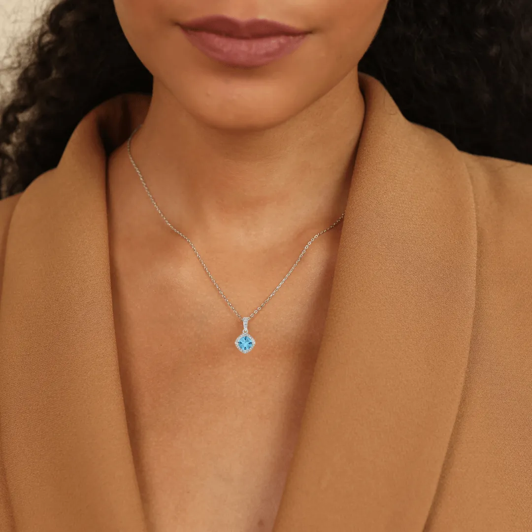 Natural Blue Topaz Cushion Pendant Necklace