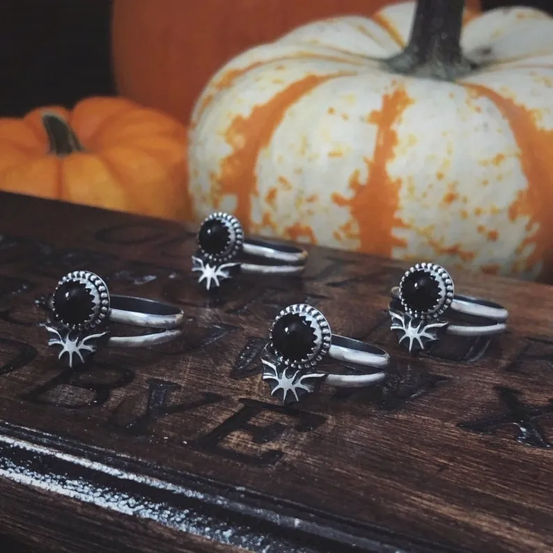 Natural Round Cut Black Onyx Gothic Style Rings For Women - 925 Sterling Silver Rings
