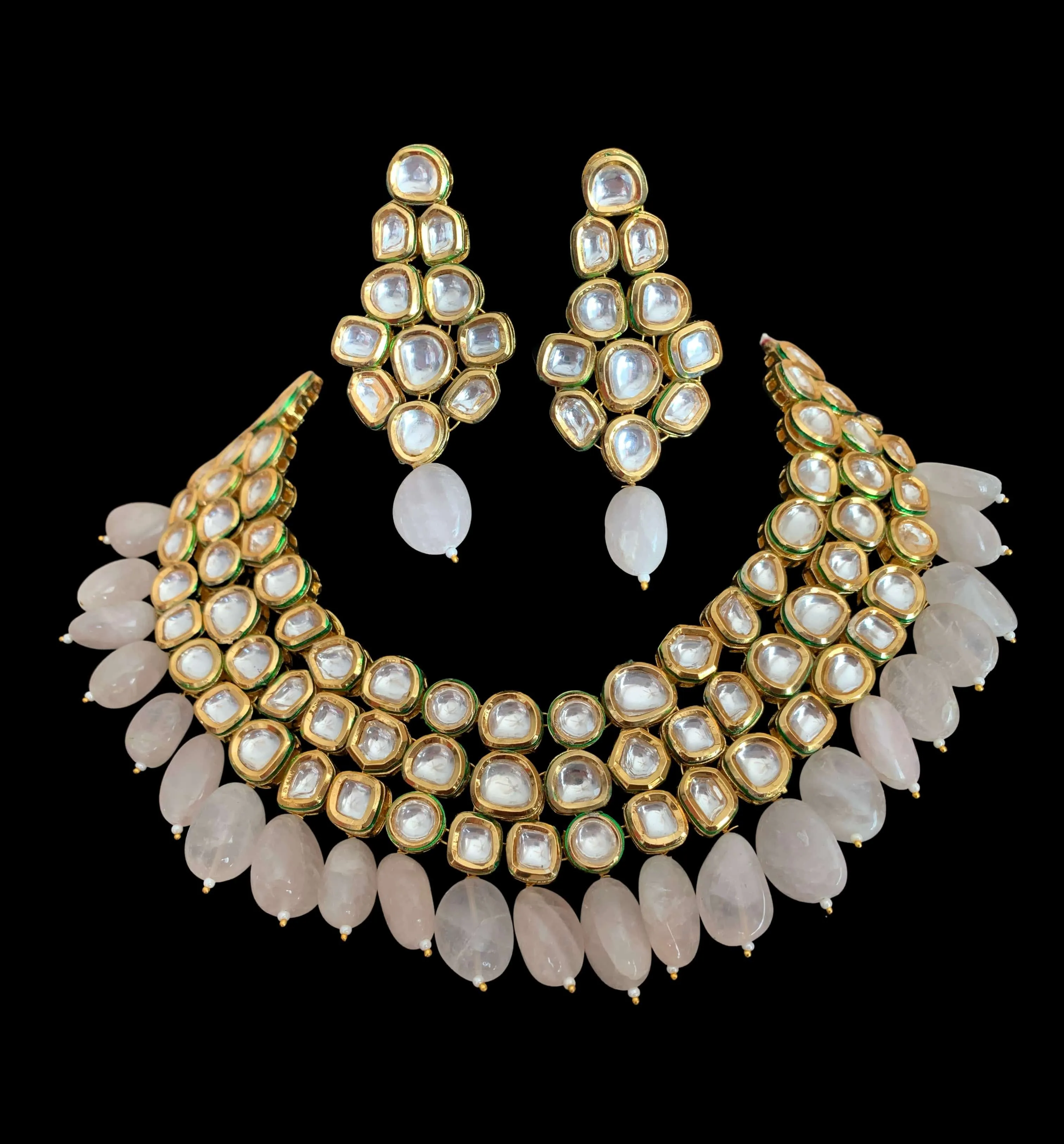 NS81 Tavleen kundan set in rose quartz  (SHIPS IN 4 WEEKS )