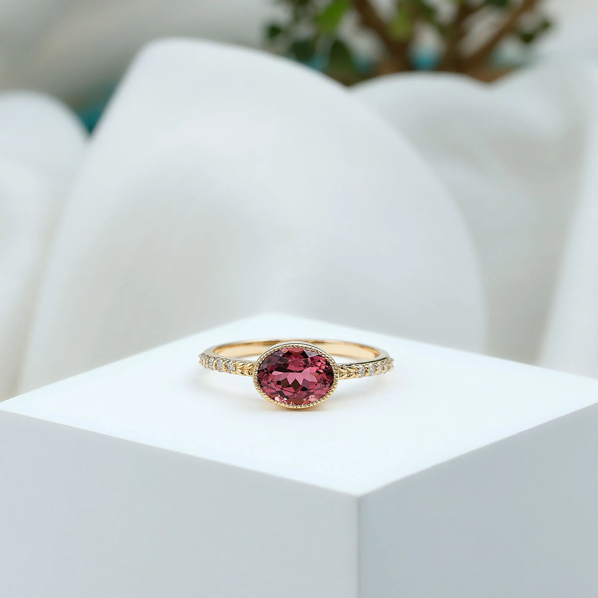 Oval Pink Tourmaline Solitaire Engagement Ring with Diamond