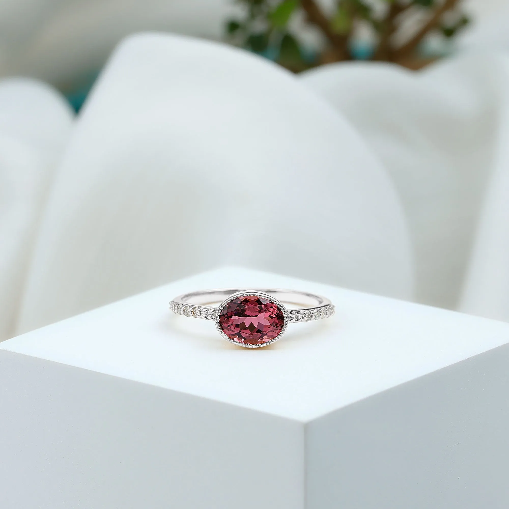 Oval Pink Tourmaline Solitaire Engagement Ring with Diamond