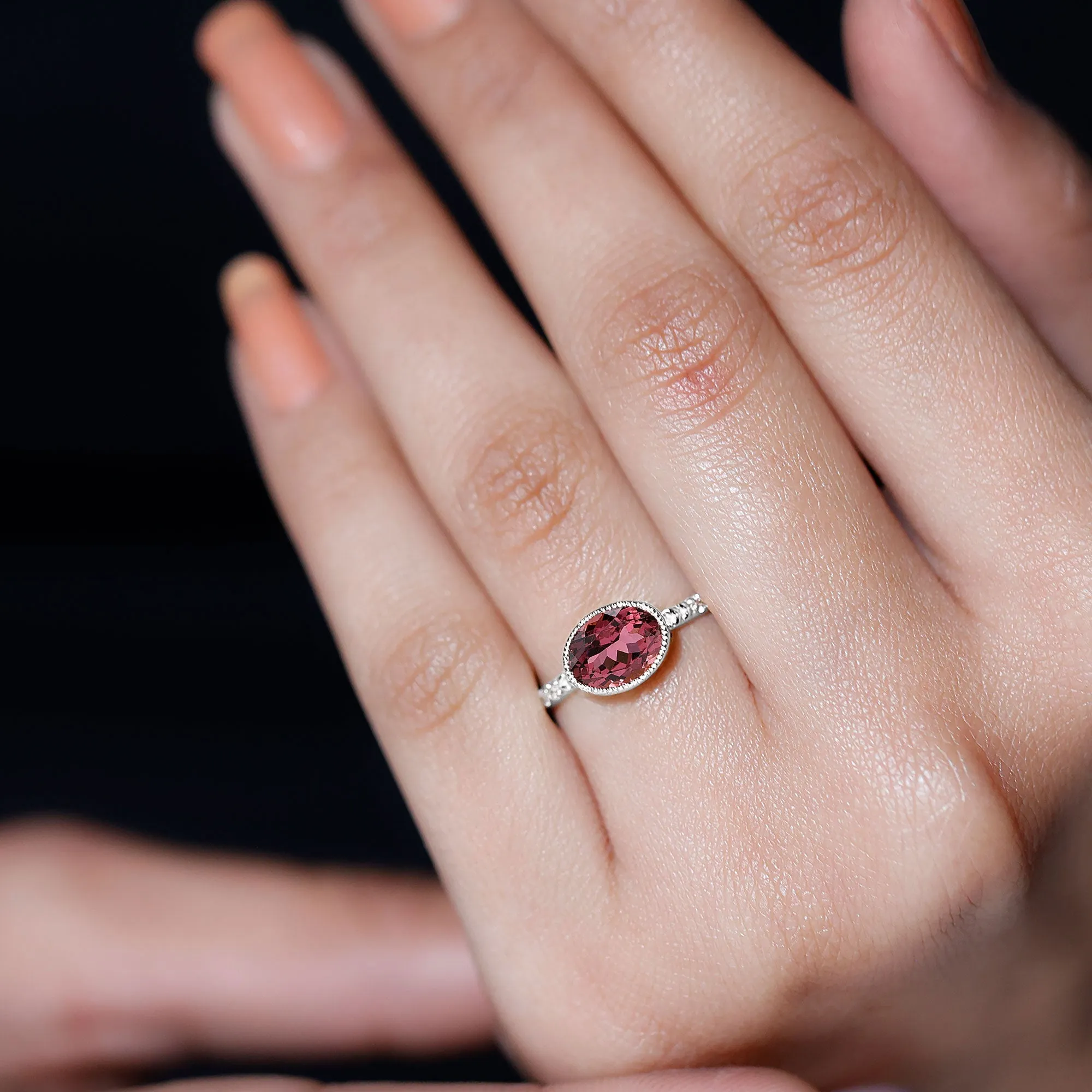 Oval Pink Tourmaline Solitaire Engagement Ring with Diamond