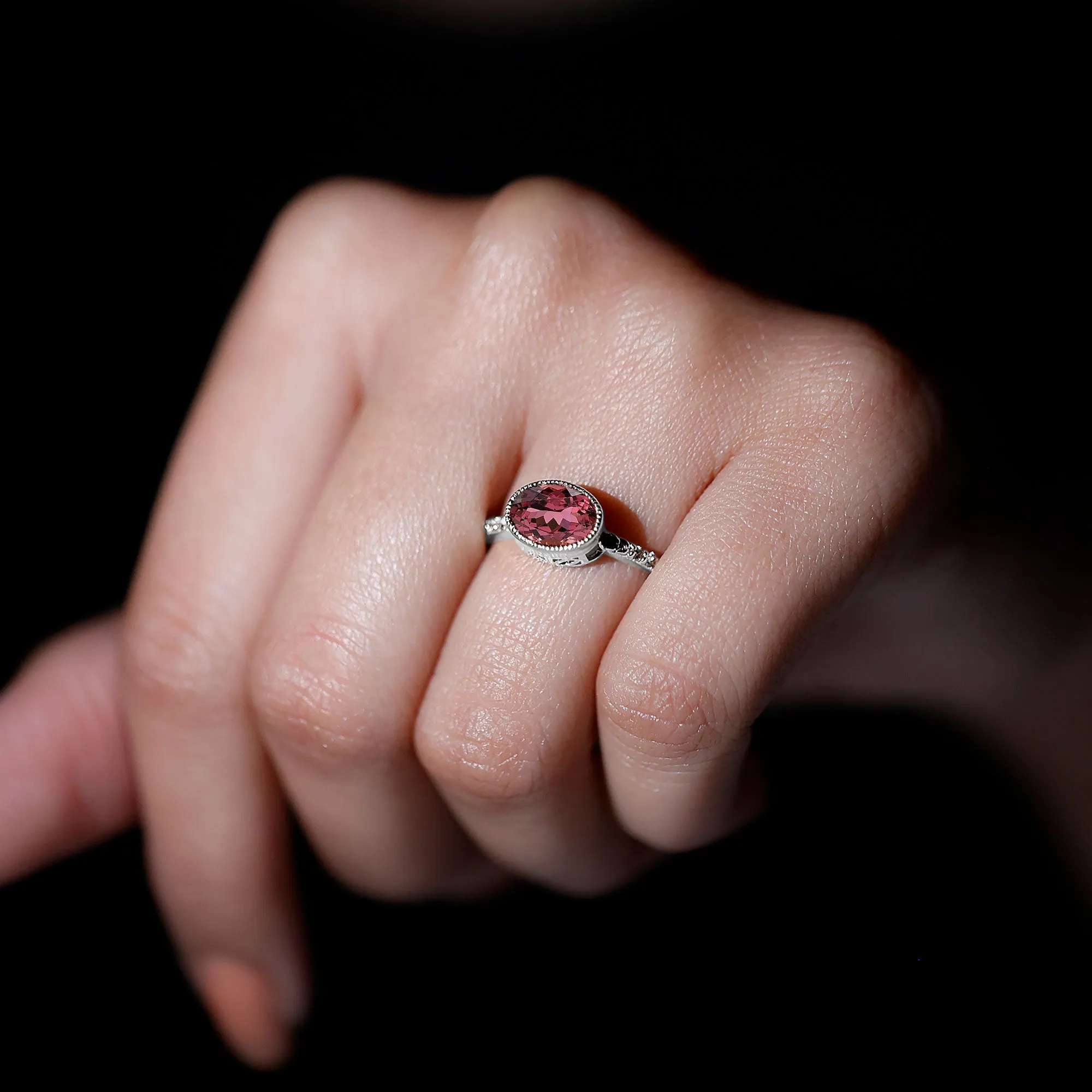 Oval Pink Tourmaline Solitaire Engagement Ring with Diamond