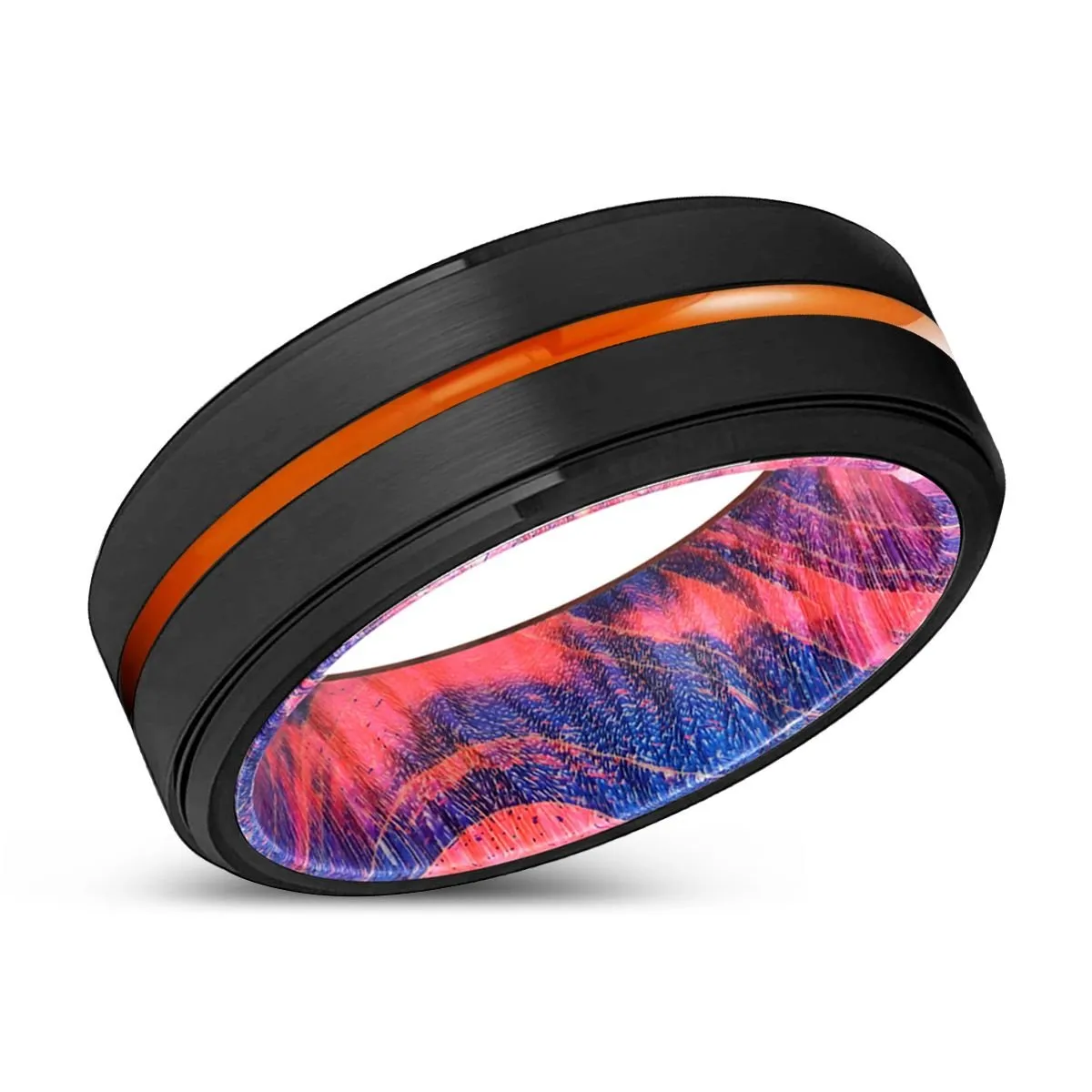 OVERLAND | Blue & Red Wood, Black Tungsten Ring, Orange Groove, Stepped Edge