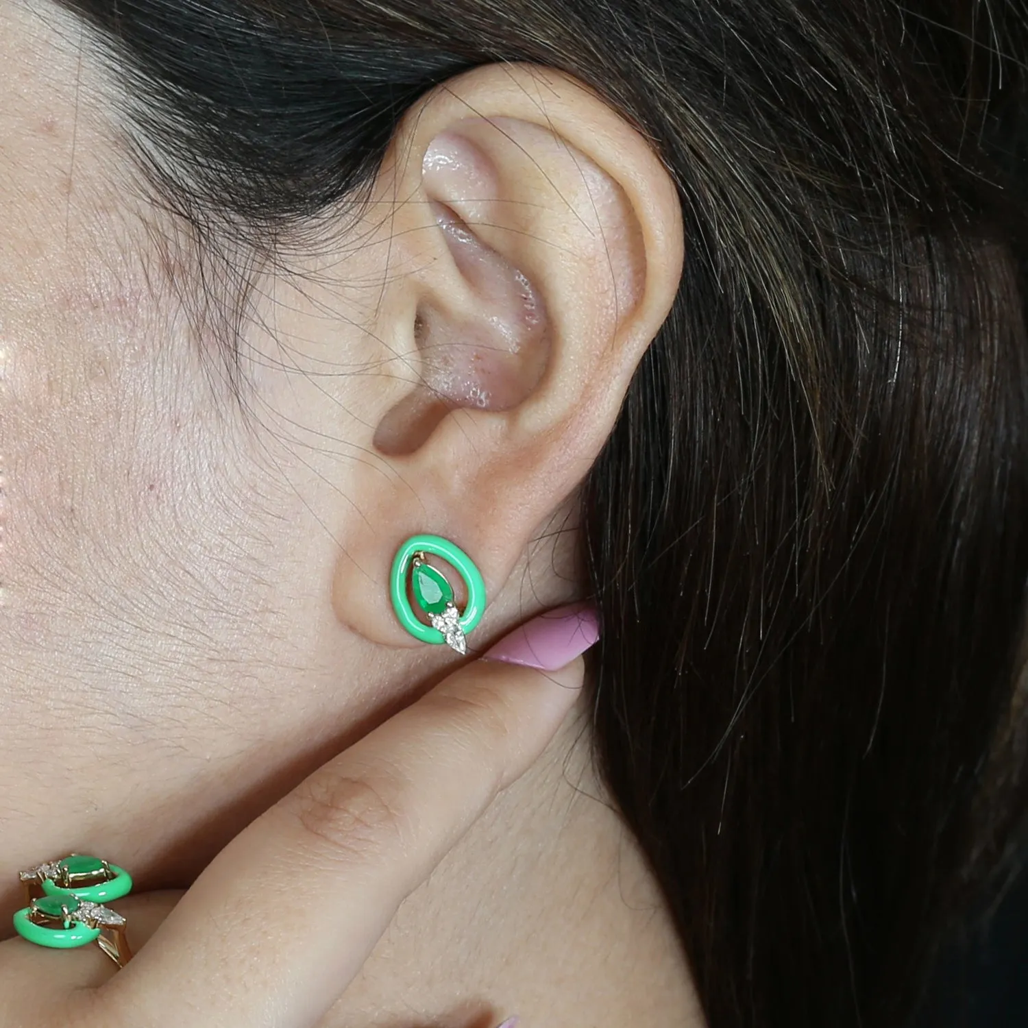Pear Emerald Pave Diamond Enamel Stud Earrings In 18k Yellow Gold For Women's