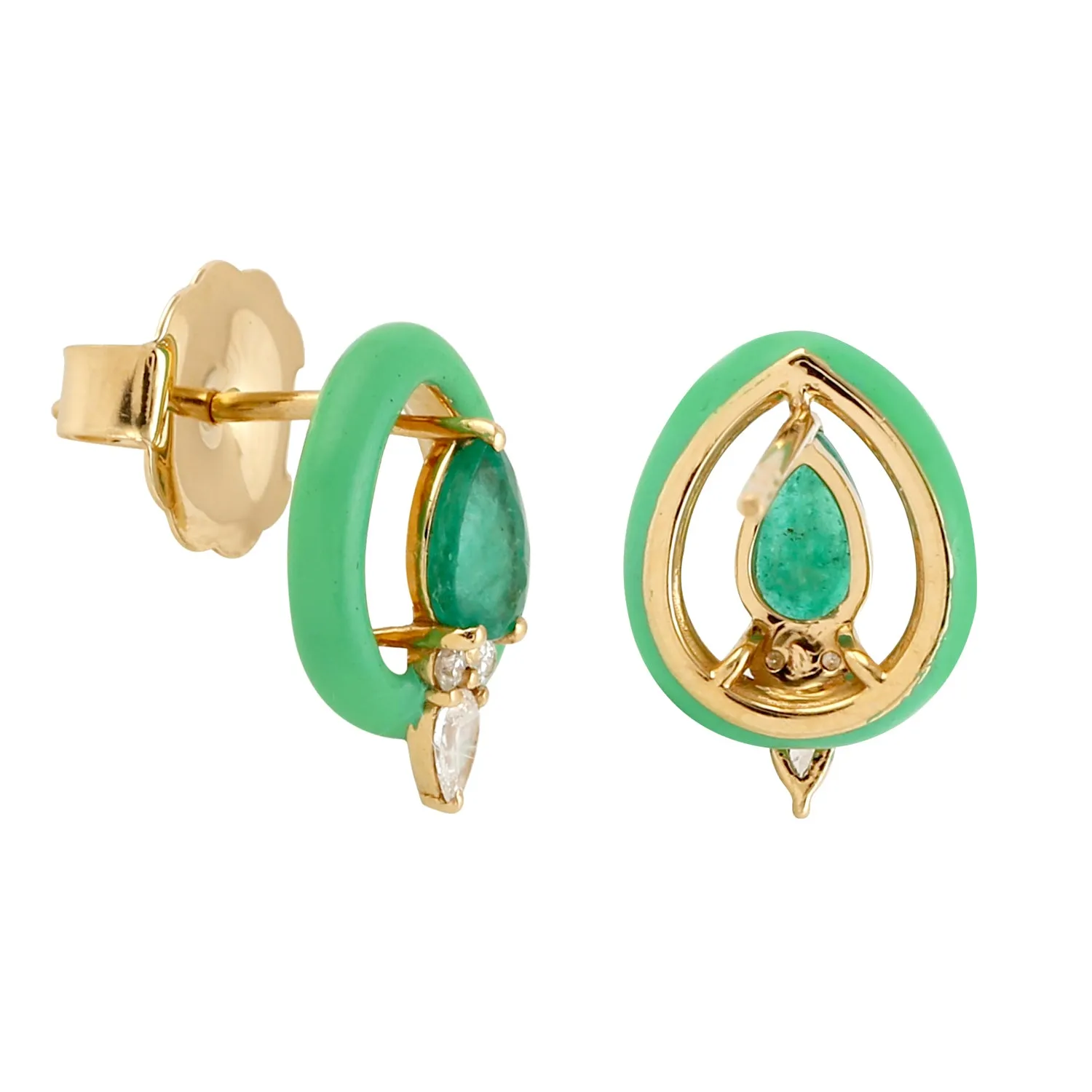 Pear Emerald Pave Diamond Enamel Stud Earrings In 18k Yellow Gold For Women's