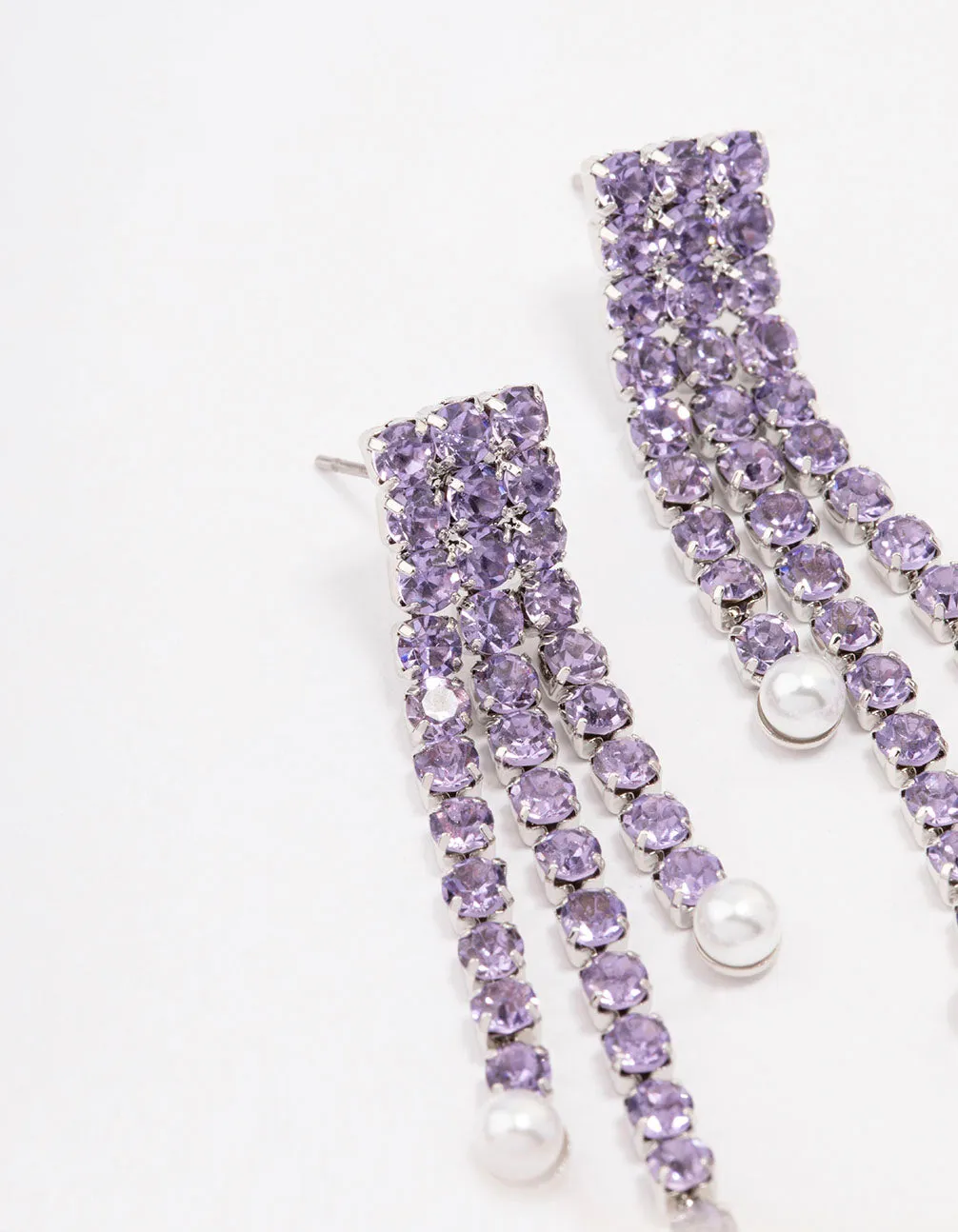 Purple Double Row Cup Chain Pearl Drop Earrings