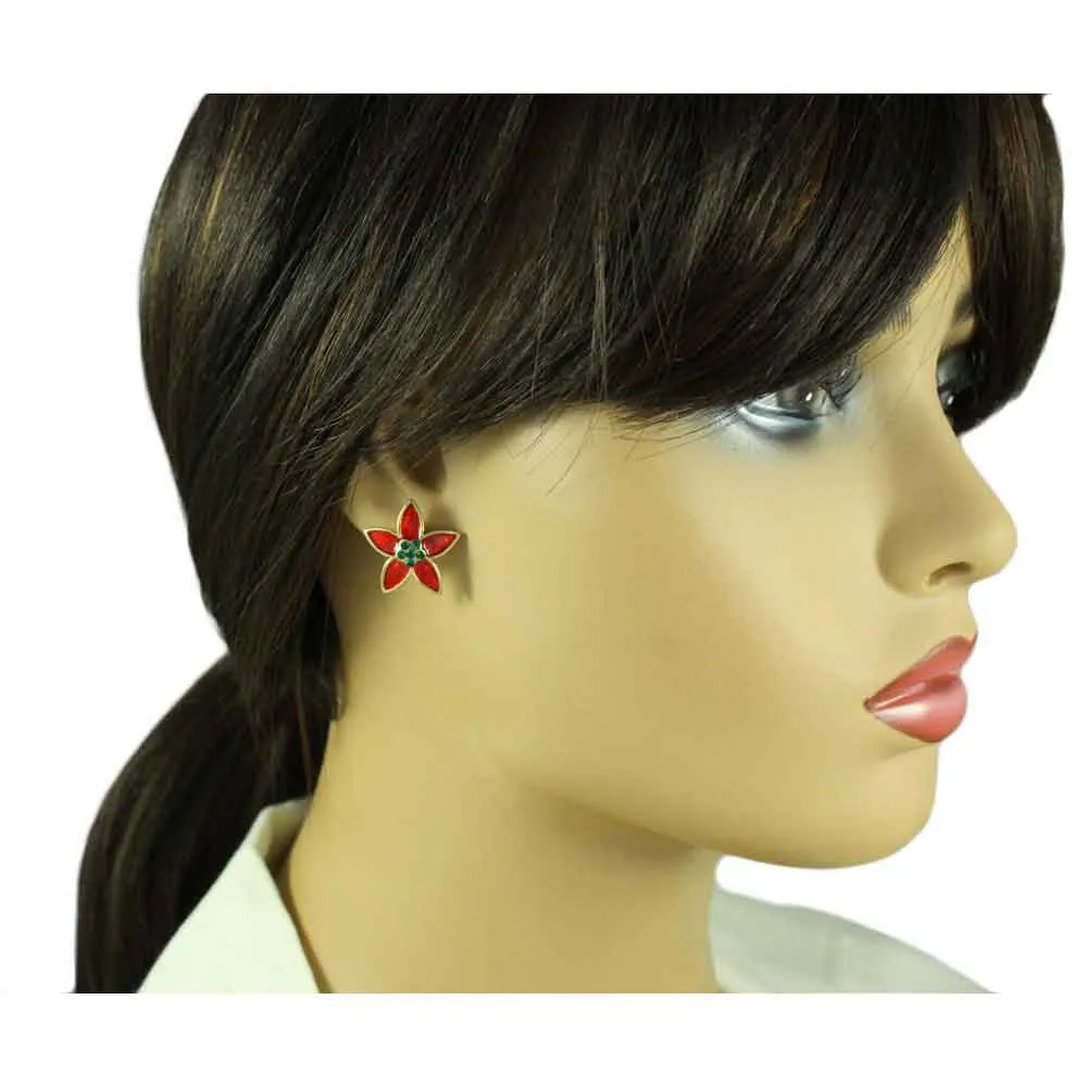 Red and Green Christmas Poinsettia Clip Earring - XE731C
