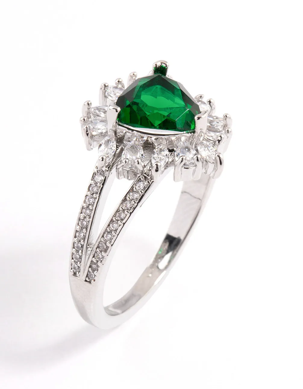 Rhodium Emerald Triangular Flare Ring