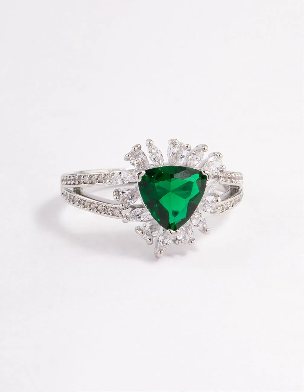 Rhodium Emerald Triangular Flare Ring