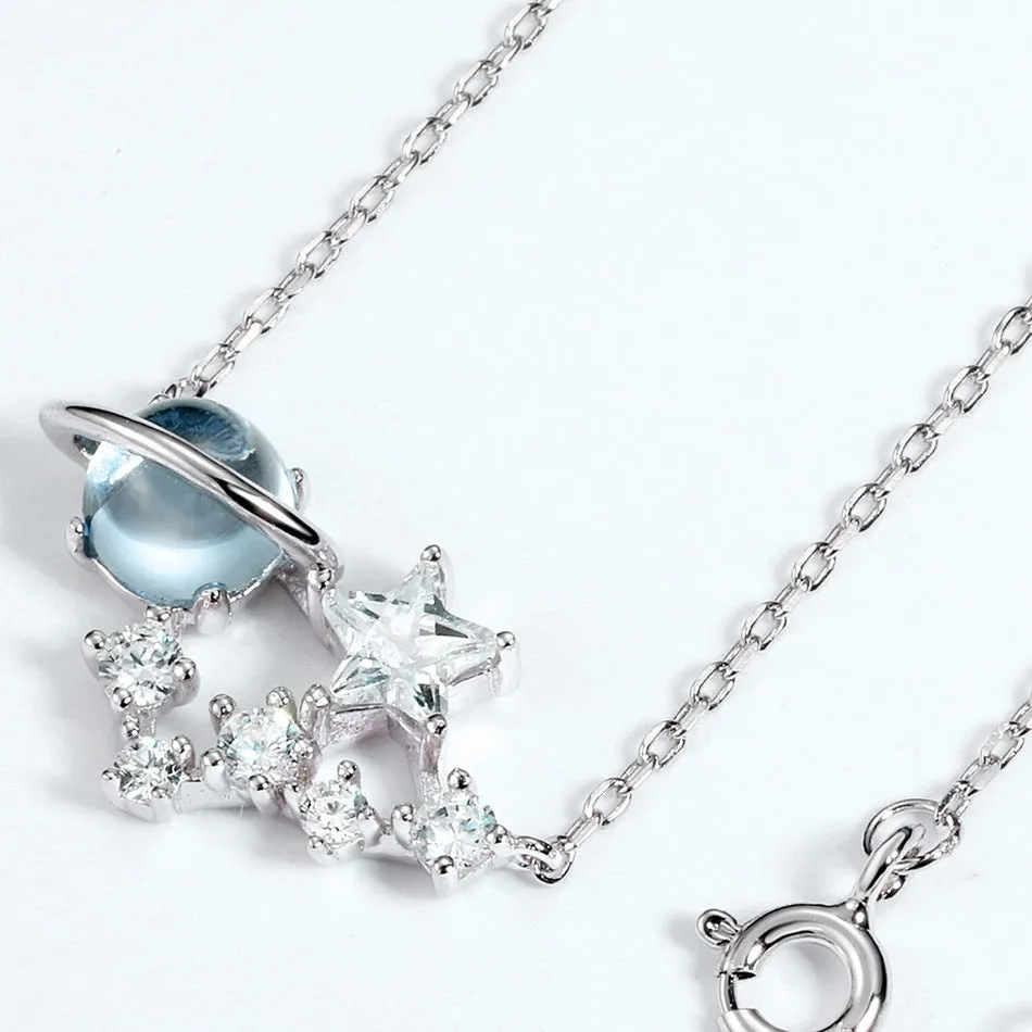Round Blue Topaz Planet Zircon Stars Sterling Silver Necklace