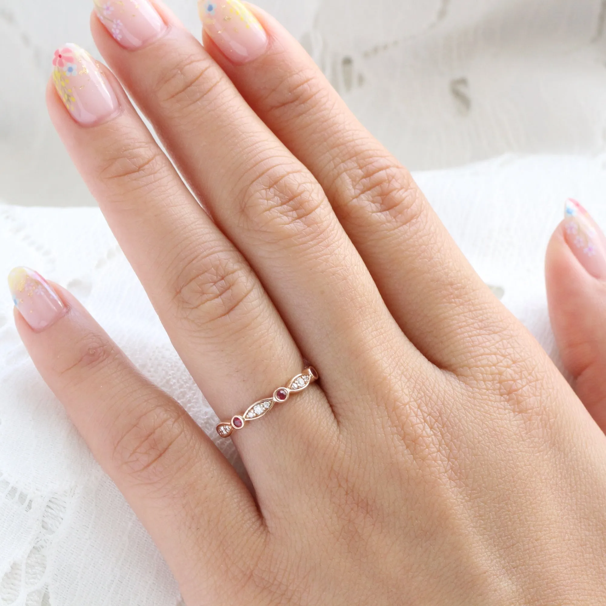 Ruby and Diamond Wedding Band in Scalloped Bezel Ring