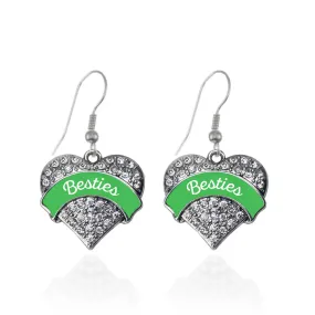 Silver Emerald Green Besties Pave Heart Charm Dangle Earrings